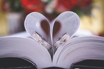 a picture of a book with two wedding rings on them